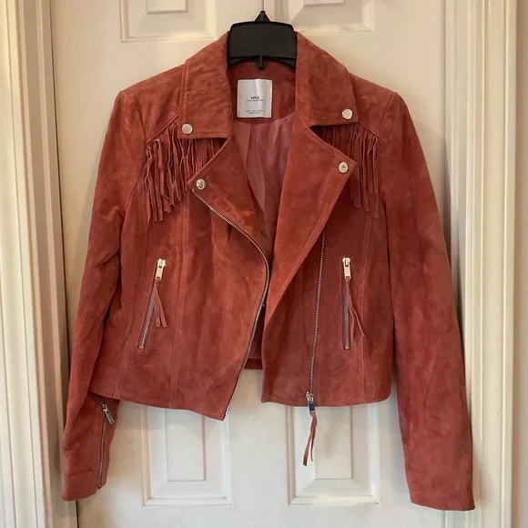 MNG Mango Leather biker fringed jacket with zipper detail, mauve color, Sz M - Picture 14 of 16